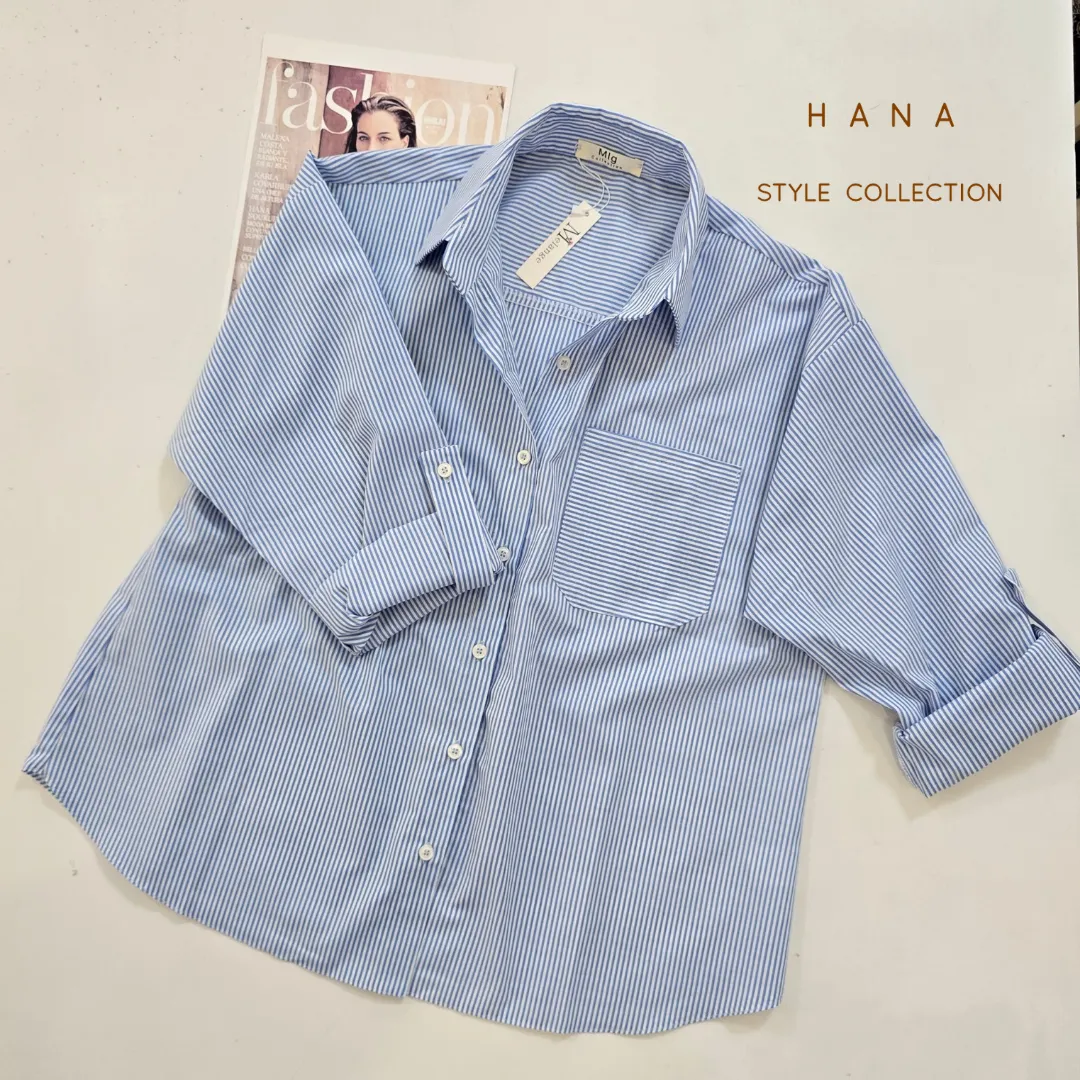 شومیز داکرون راه راه آبی سفید زنانه- لباس دخترانه مینیمال