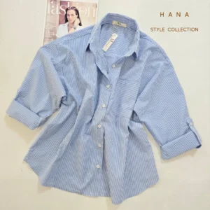 شومیز پوپلین راه راه آبی سفید دخترانه- لباس زنانه شیک