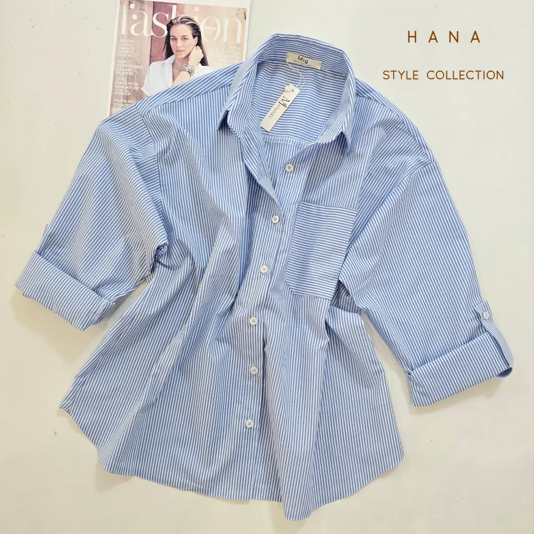 شومیز پوپلین راه راه آبی سفید دخترانه- لباس زنانه شیک