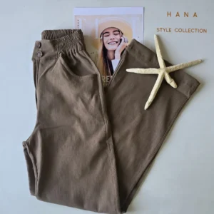 شلوار نیم بگ کتان کش نسکافه ای دخترانه- لباس زنانه شیک