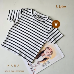 کراپ آستین کوتاه رینگی زنانه سایز لارج راه راه سفید مشکی، لباس دخترانه