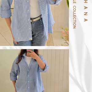 تنخور شومیز پوپلین راه راه آبی دخترانه مناسب استایل تابستانی- لباس زنانه