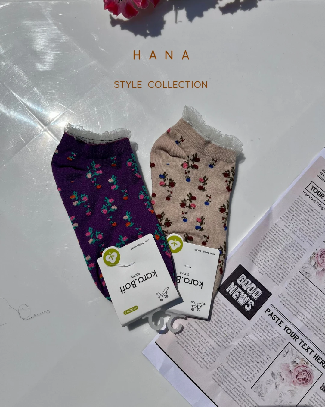 جوراب مچی گل دار لبه توری دخترانه در دو رنگ کرم و بنفش- لباس زنانه