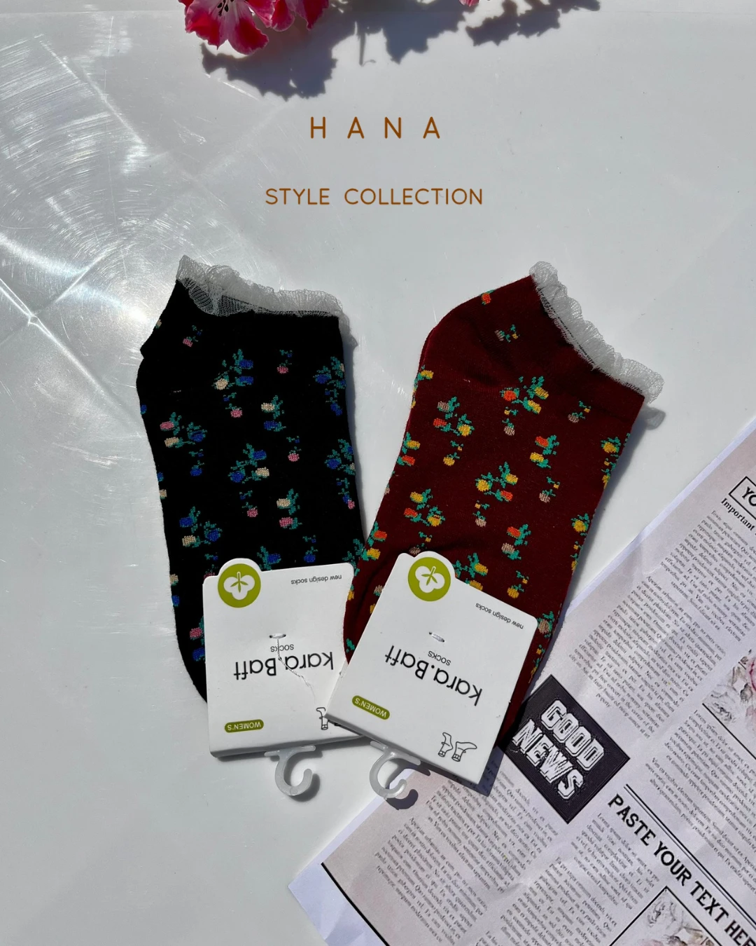 جوراب مچی گل دار لبه توری زنانه در دو رنگ زرشکی و مشکی- لباس دخترانه مینیمال