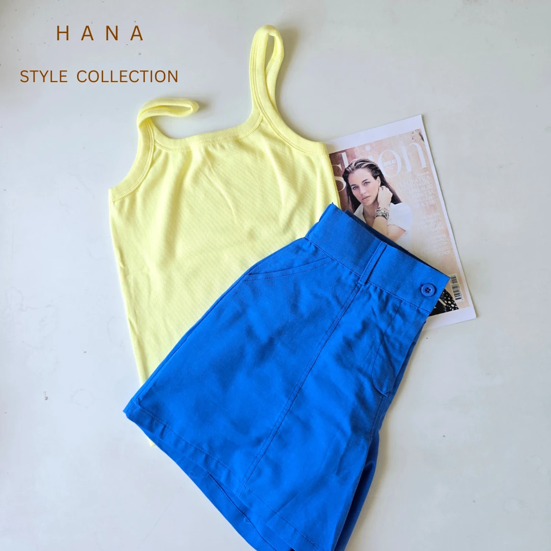 ست تاپ یقه دلبری زرد و شلوارک راحتی آبی- لباس دخترانه