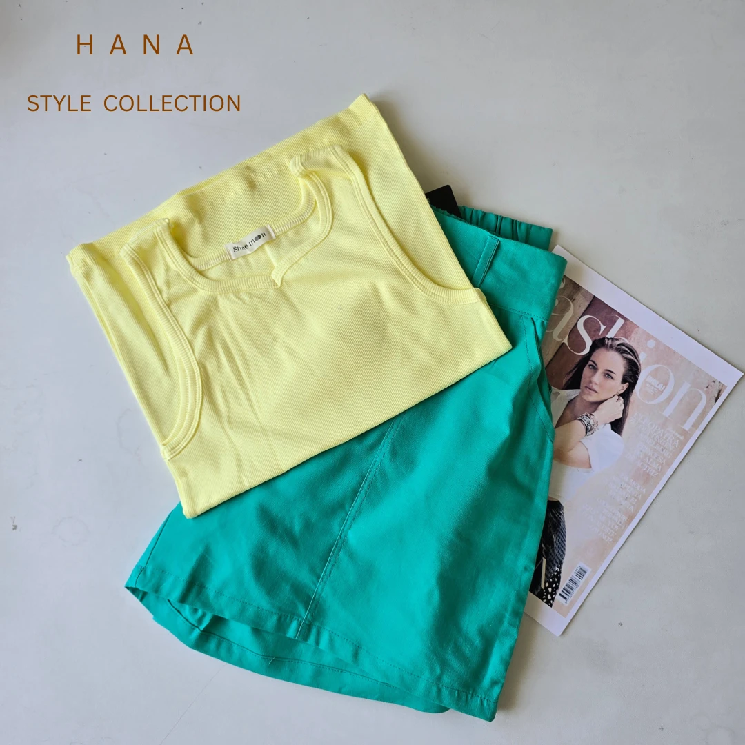 ست تاپ یقه دلبری زرد و شلوارک راحتی سبز- لباس دخترانه