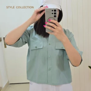 تنخور شومیز باکسی سبز لینن زنانه مناسب استایل مینیمال- لباس زنانه