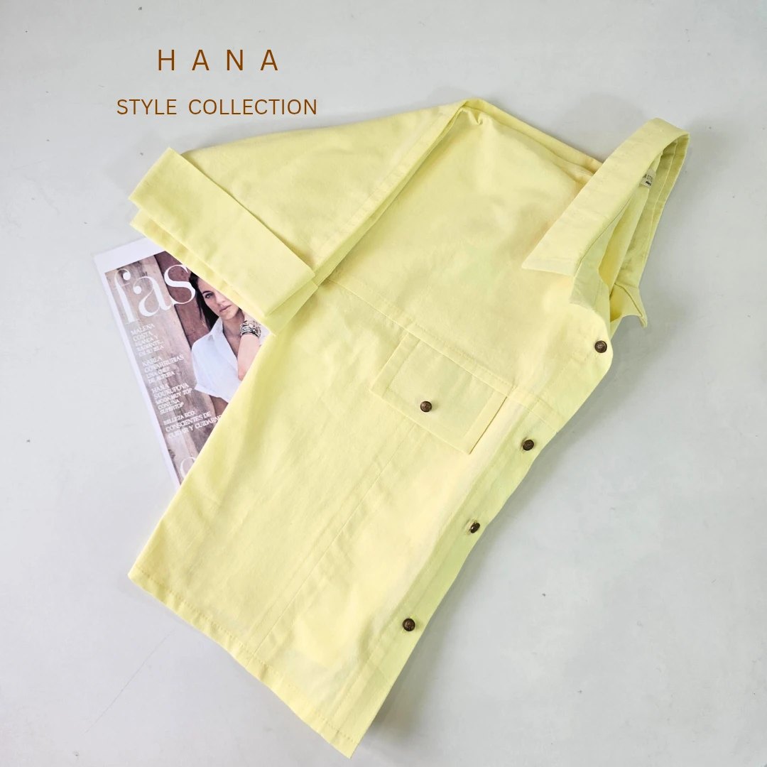 شومیز باکسی لیمویی لینن دخترانه مناسب استایل تابستان و بهار- لباس زنانه شیک