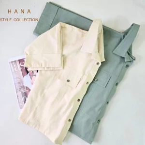 شومیز باکسی لینن زنانه در دو رنگ سبز و کرم مناسب استایل تابستانی- لباس دخترانه مینیمال