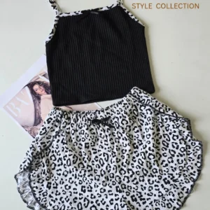 ست تاپ شلوارک پلنگی راحتی دخترانه با ترکیب رنگ سفید و مشکی- لباس زنانه