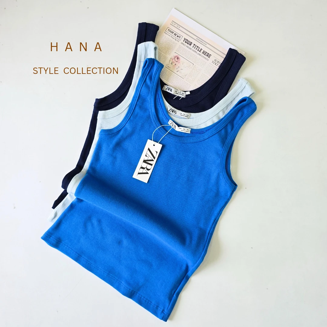 تاپ رکابی کبریتی زنانه از برند زارا در سه رنگ سورمه ای، آبی و آبی آسمانی مناسب استایل روزمره- لباس دخترانه