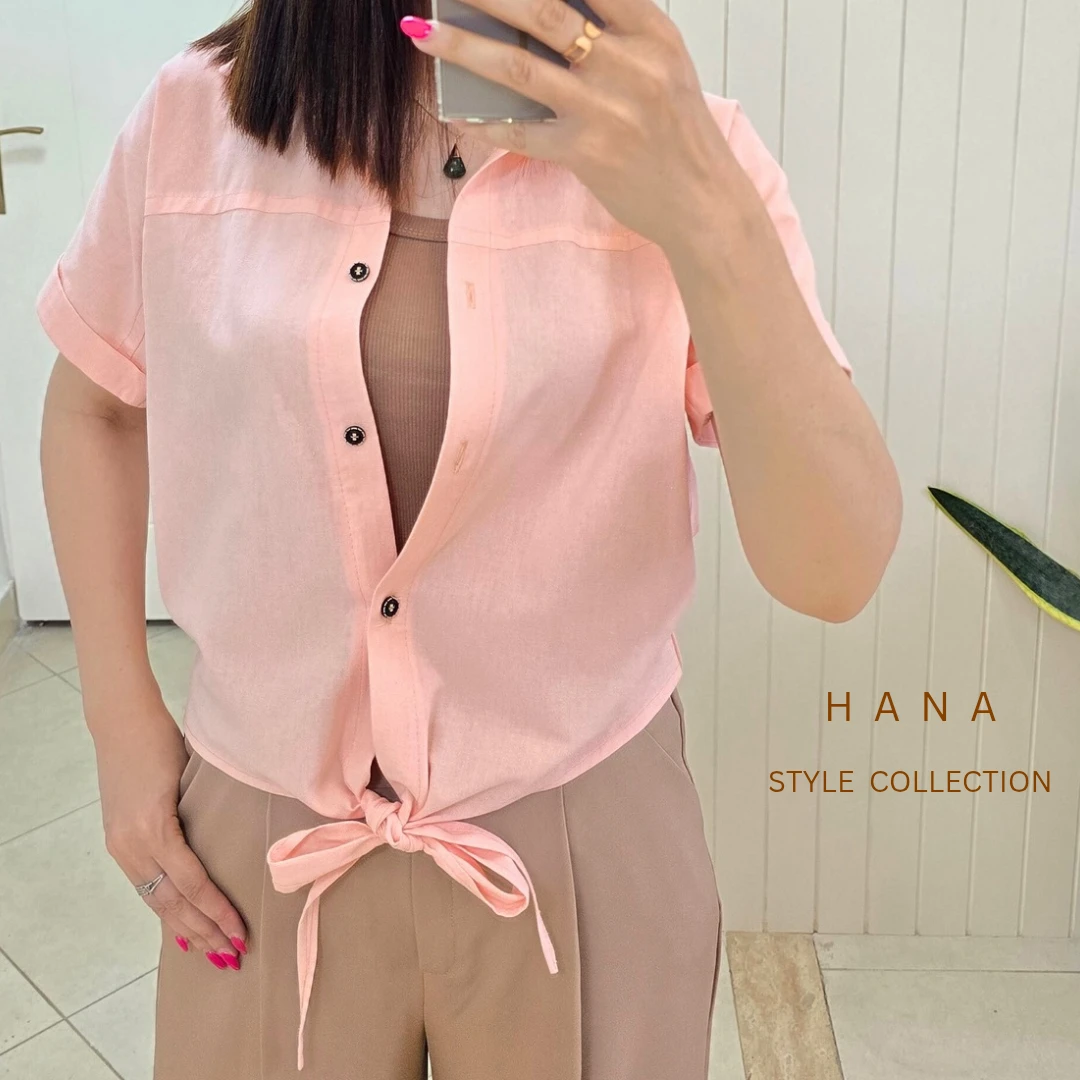 تنخور شومیز گلبهی زنانه لینن گره ای هانا استایل - لباس دخترانه شیک