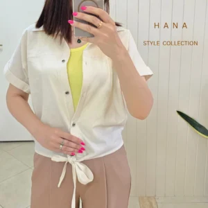 تنخور شومیز کرم دخترانه لینن گره ای هانا استایل - لباس زنانه