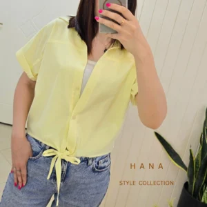 تنخور شومیز زرد دخترانه لینن گره ای هانا استایل - لباس زنانه