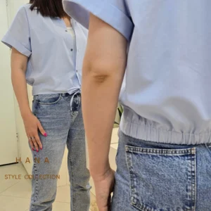 تنخور شومیز آبی زنانه لینن گره ای هانا استایل از نمای پشت - لباس دخترانه