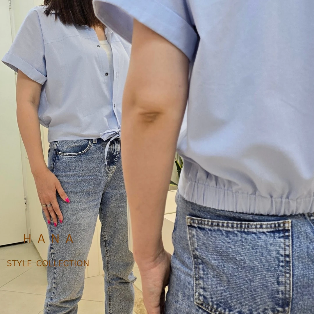 تنخور شومیز آبی زنانه لینن گره ای هانا استایل از نمای پشت - لباس دخترانه