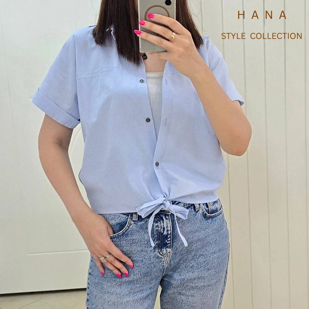 تنخور شومیز آبی زنانه لینن گره ای هانا استایل - لباس دخترانه مینیمال