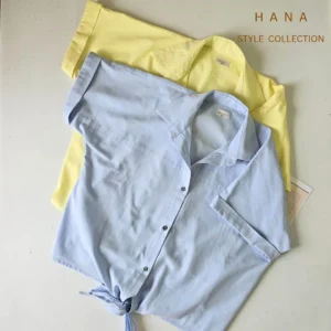 شومیز زنانه لینن گره ای هانا استایل در دو رنگ آبی و زرد- لباس دخترانه مینیمال