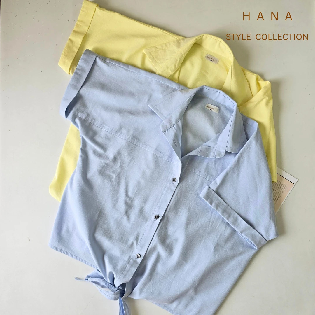 شومیز زنانه لینن گره ای هانا استایل در دو رنگ آبی و زرد- لباس دخترانه مینیمال