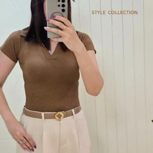 تنخور تیشرت کراپ یقه شکاری قهوه ای زنانه برای استایل اسپرت- لباس دخترانه