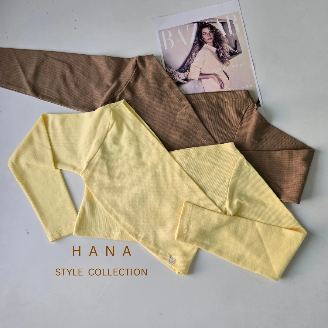 بلوز کراپ چپ و راستی آستین بلند دخترانه در دو رنگ زرد و قهوه ای برای استایل مینیمال- لباس زنانه