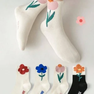 تنخور جوراب نیم ساق گلدار زنانه سفید با گل صورتی، اکسسوری دخترانه