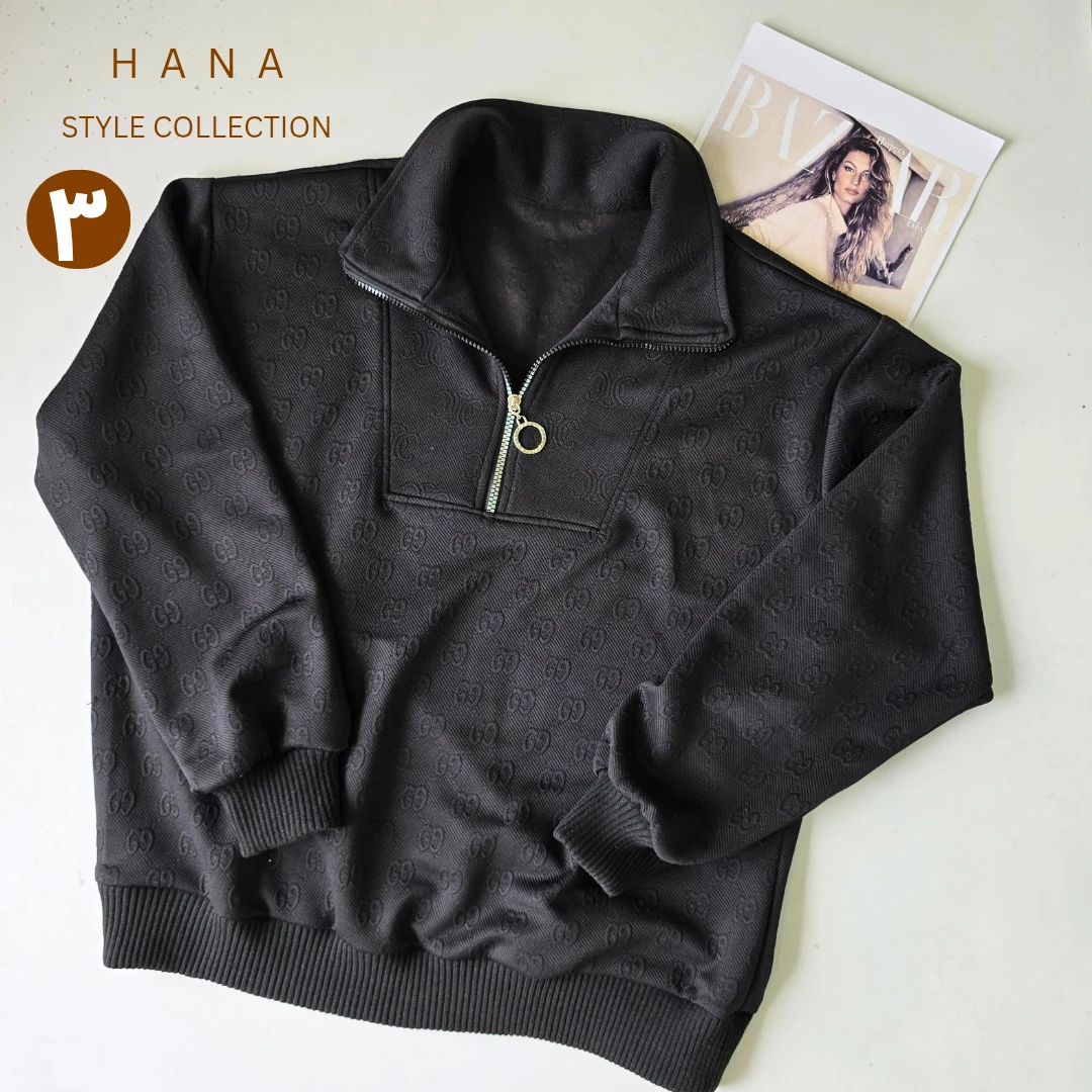 دورس ژاکارد مشکی نیم زیپ زنانه با طرح لوگو گوچی مناسب پاییز و بهار- لباس دخترانه