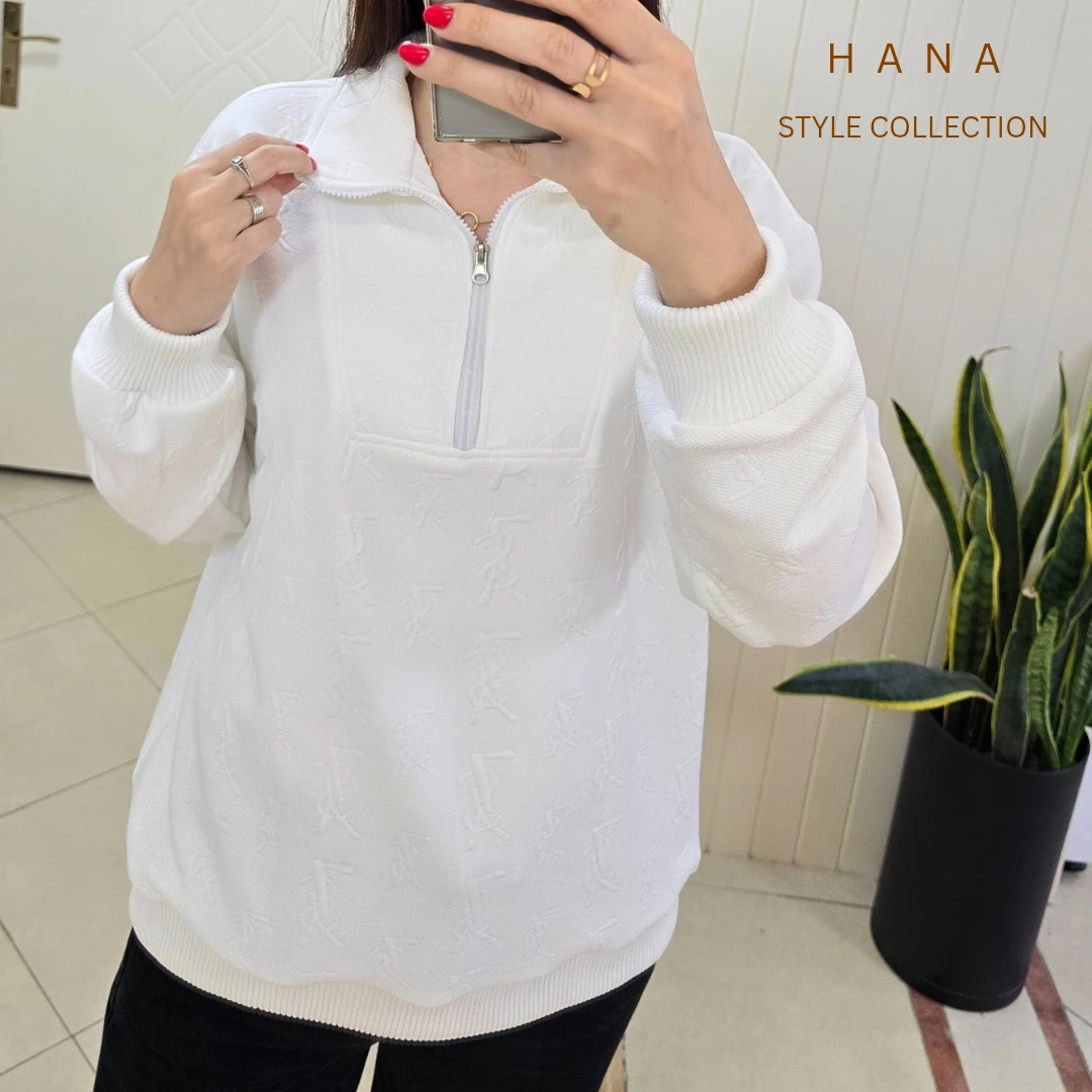 تنخور دورس ژاکارد سفید نیم زیپ زنانه با طرح لوگو آیوسن لورن مناسب پاییز و بهار- لباس دخترانه