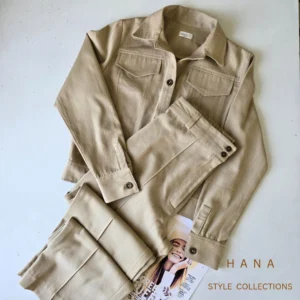 ست کت و شلوار کرم کتان زنانه هانا استایل مناسب استایل شیک و مجلسی- لباس دخترانه مینیمال