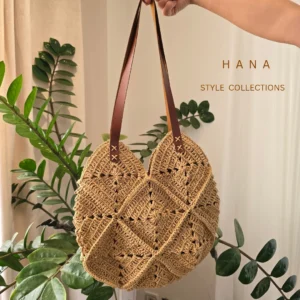 کیف حصیری دسته چرم هانا استایل از نمای جلو مناسب استایل تابستان و بهار- لباس دخترانه مینیمال