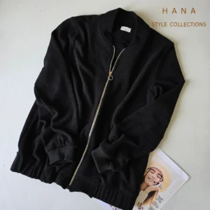 سوییشرت مشکی زیپ دار بافت کبریتی دخترانه مناسب پاییز و زمستان- لباس زنانه شیک