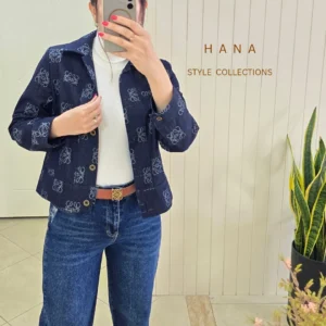 کراپ کت جین آبی طرح دار زنانه با طرح Loewe مناسب استایل روزمره و رسمی- لباس دخترانه