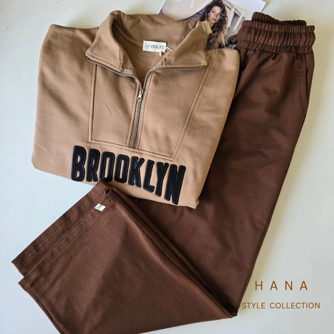 ست شلوار بگ و دورس زنانه با رنگبندی نود و قهوه ای، لباس دخترانه