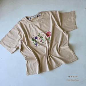 تیشرت کراپ دخترانه flower رنگ کرم مناسب استایل مینیمال- لباس دخترانه