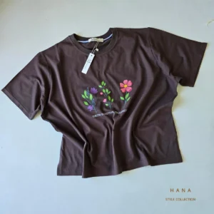 تیشرت کراپ دخترانه flower رنگ قهوه ای مناسب استایل مینیمال- لباس دخترانه