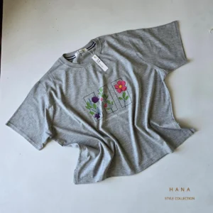 تیشرت کراپ دخترانه flower رنگ طوسی مناسب استایل مینیمال- لباس دخترانه